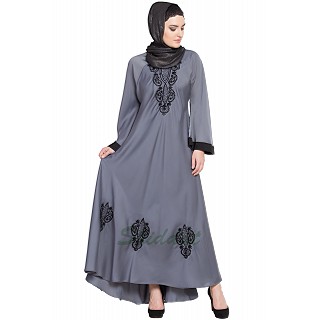 Embroidered Umbrella cut Nida abaya- Grey